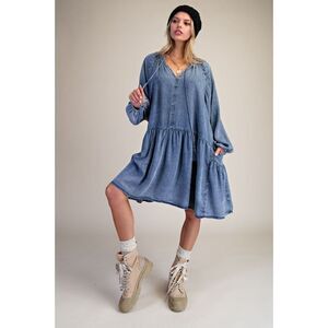 1009 EASEL Medium Washed Denim Oversized Fit Tiered Dress